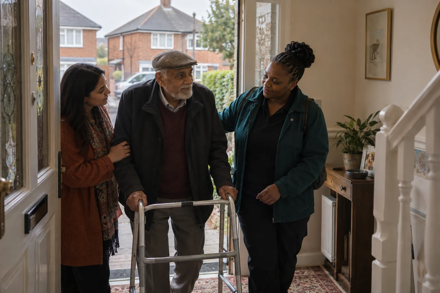 An older man arriving safely home with his daughter and a community care professional