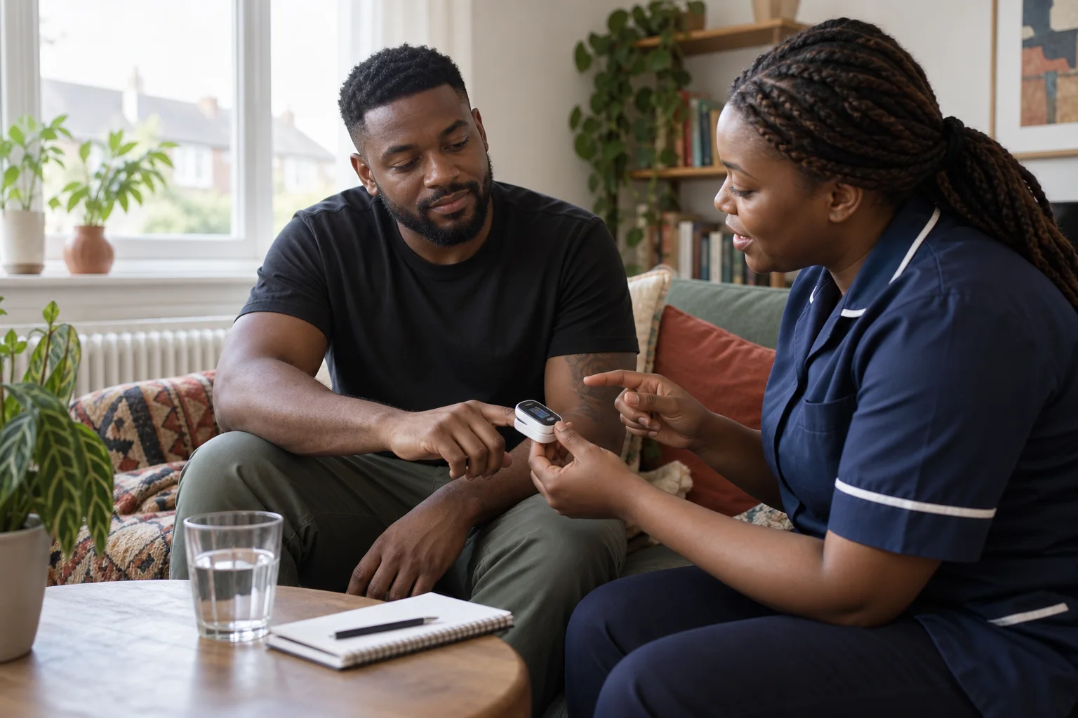 A community nurse discussing a home health reading with a young man